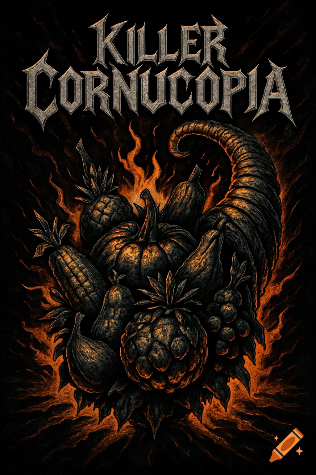 Heavy metal style illustration of a cornucopia overflowing with produce amidst orange flames on a black background, with "Killer Cornucopia" text.