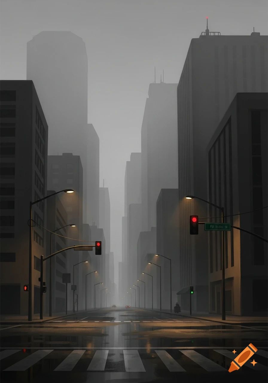 A moody, minimalist cityscape on a foggy or rainy morning, with a wet street reflecting lights and tall grey buildings.