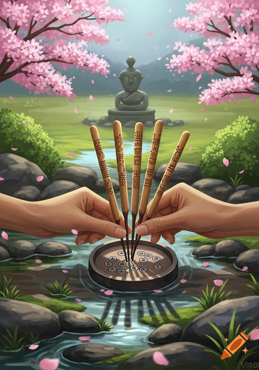 Two pairs of hands hold five decorated divination sticks over a basin with symbols floating in a serene Japanese garden with a Buddha statue and cherry blossom trees.