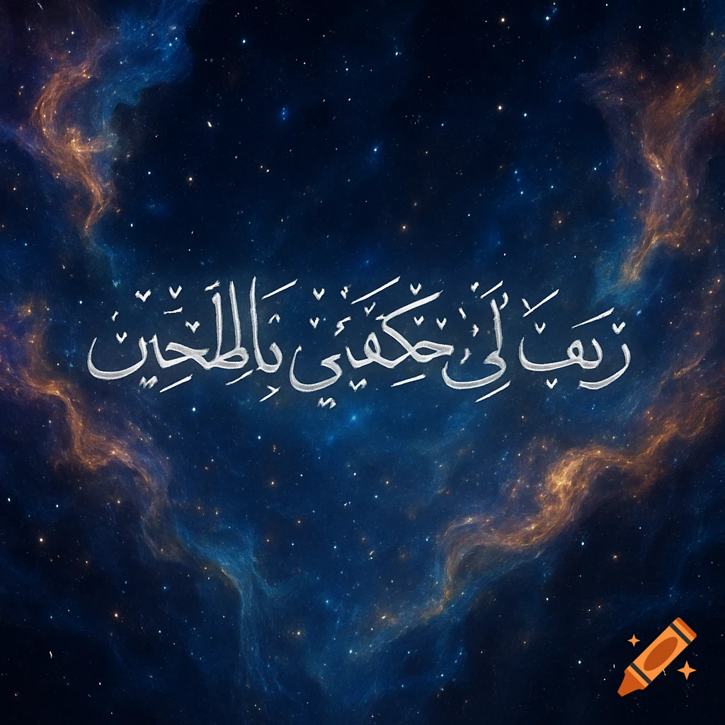 Arabic calligraphy in silver on a deep blue galactic space background with colorful nebulae and stars.
