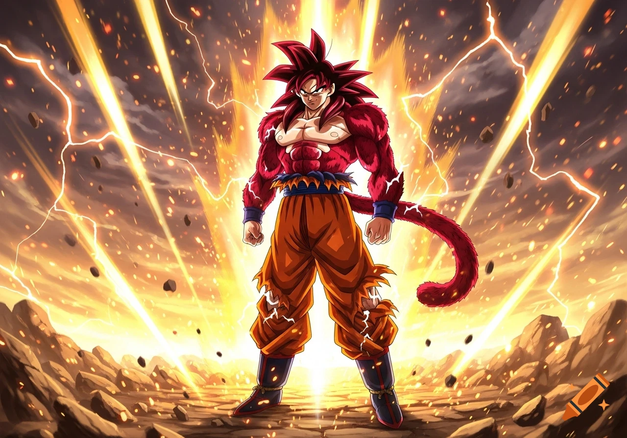 Goku in Super Saiyan 4 form, with red fur and spiky hair, stands powerfully amidst a fiery, lightning-filled landscape.