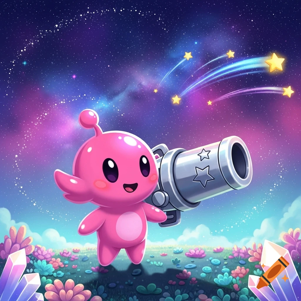 A cute pink alien holds a silver star cannon, standing on a colorful alien landscape under a vibrant starry galaxy sky with shooting stars.
