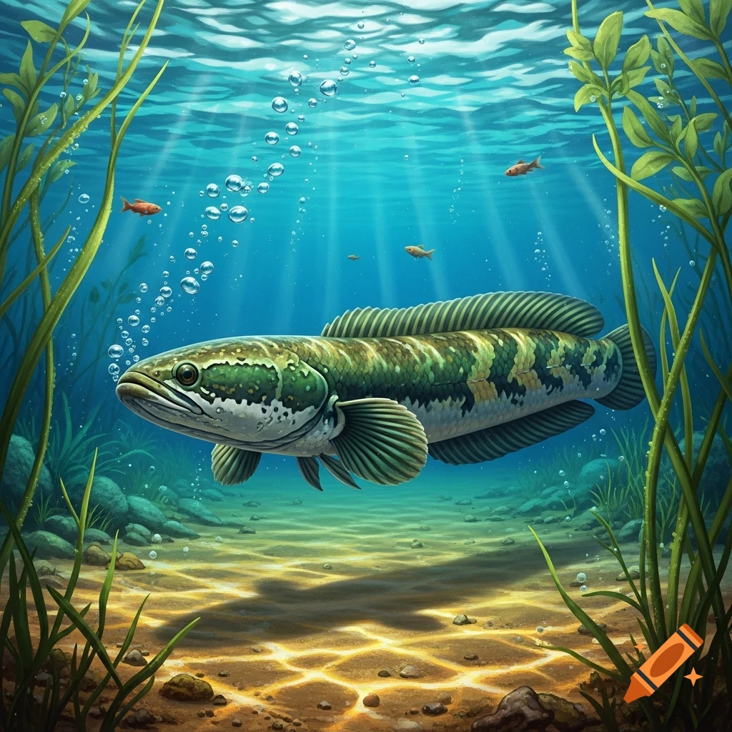 A vibrant snakehead fish swims gracefully underwater amidst green plants, bubbles, and sun rays illuminating the sandy bottom.