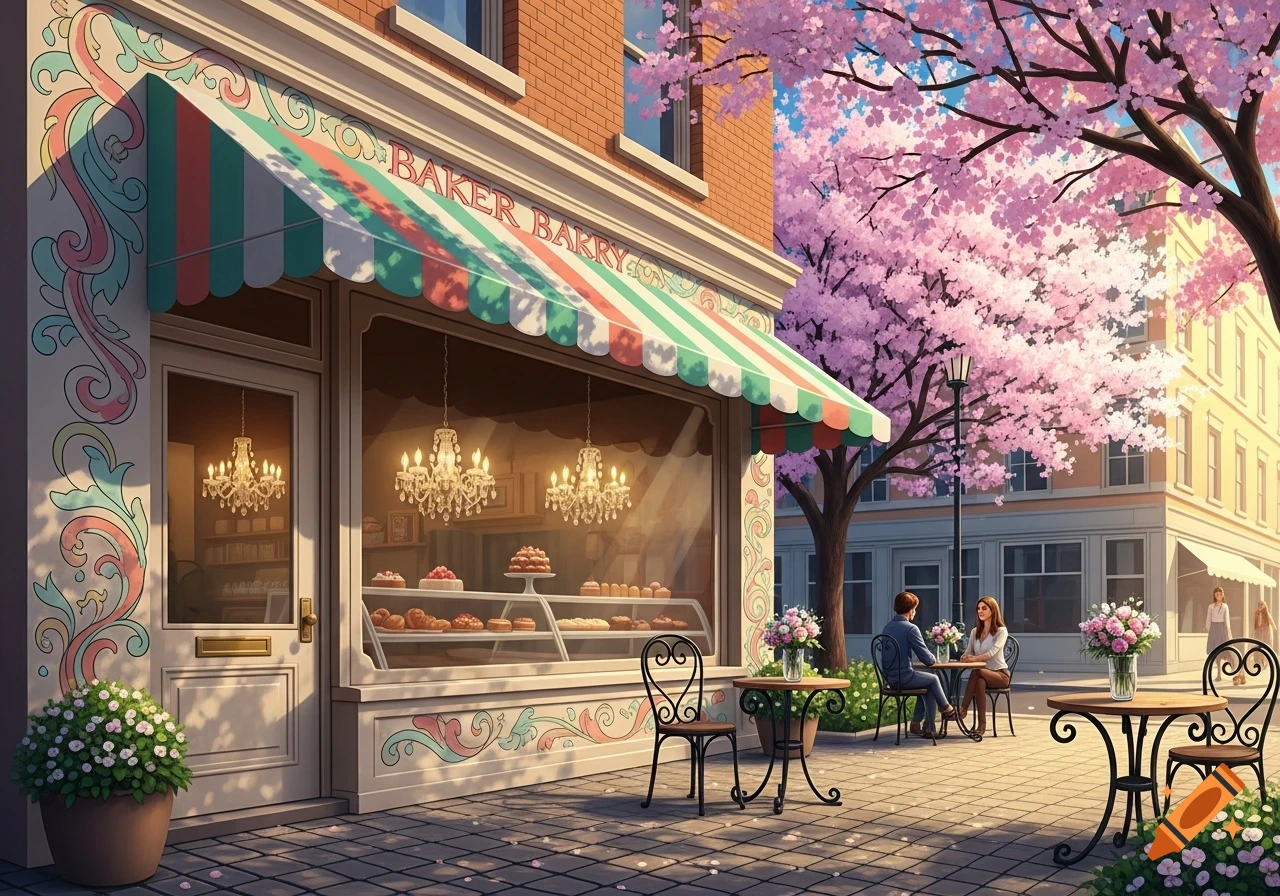 A charming bakery with a striped awning, outdoor tables, and blooming cherry trees. A couple sits at a table, enjoying the spring day.