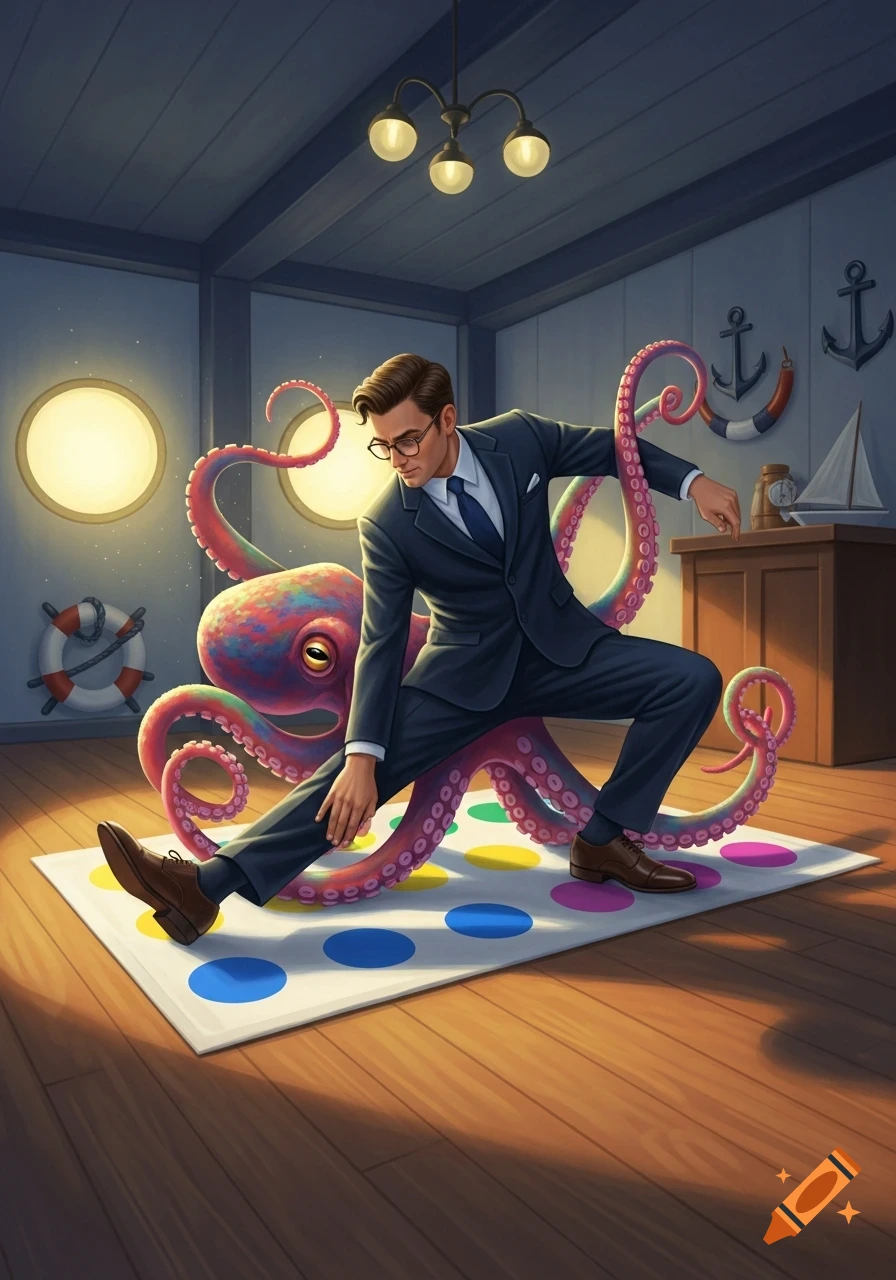 A man in a suit plays Twister with a colorful octopus on a ship-like room with porthole windows and nautical decor.