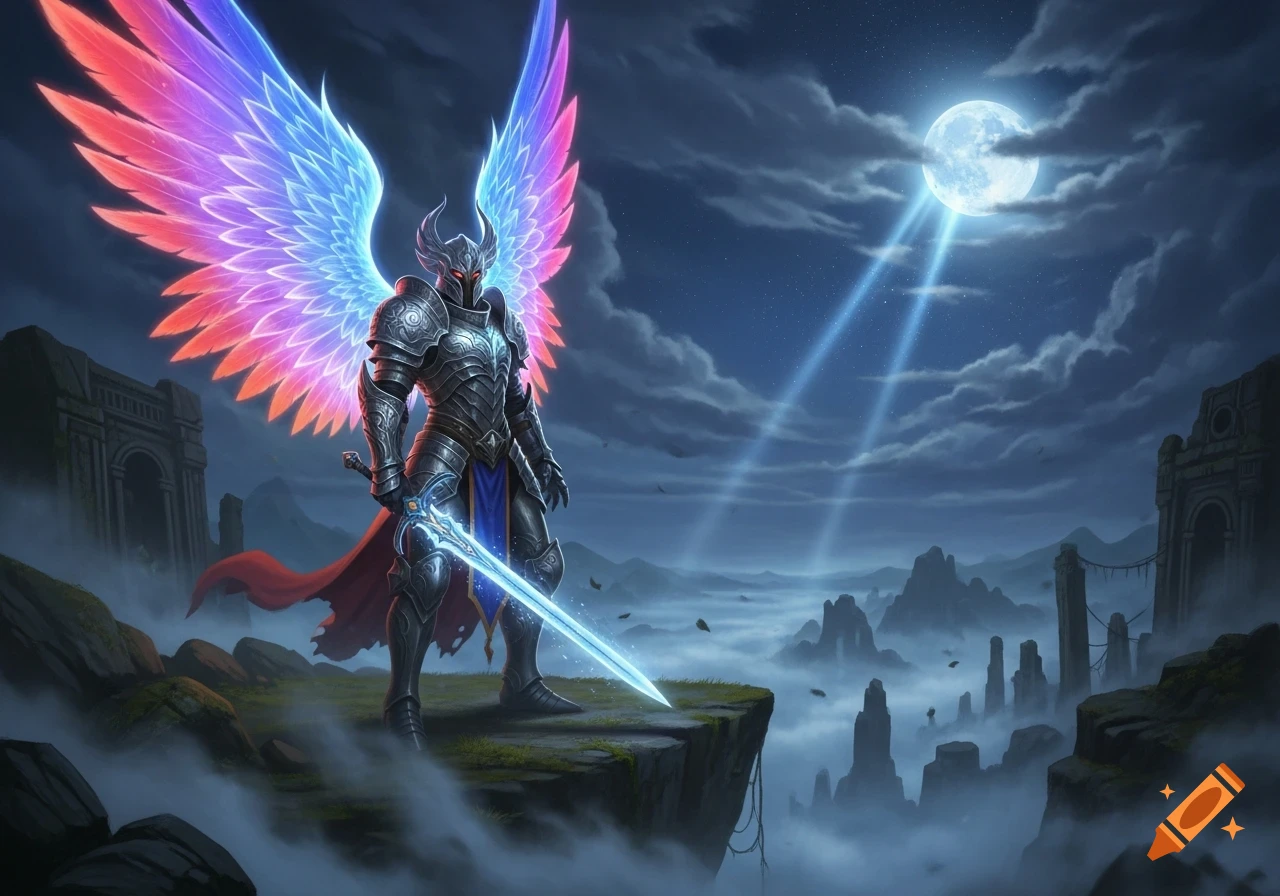 A winged knight in silver armor with a glowing sword stands on a cliff overlooking a misty valley under a full moon.
