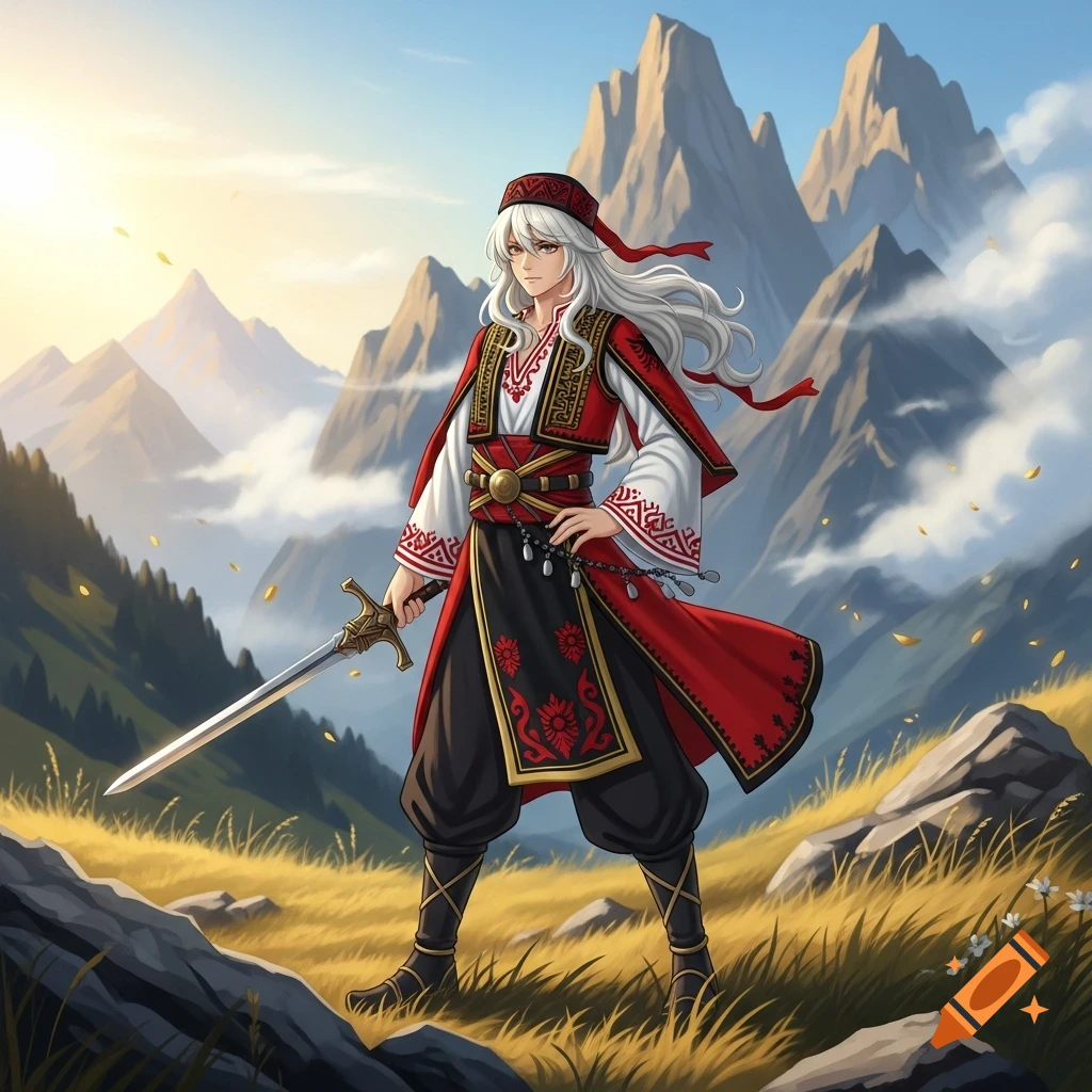 An anime character with white hair and traditional Albanian clothing stands with a sword in a sunny mountain landscape.