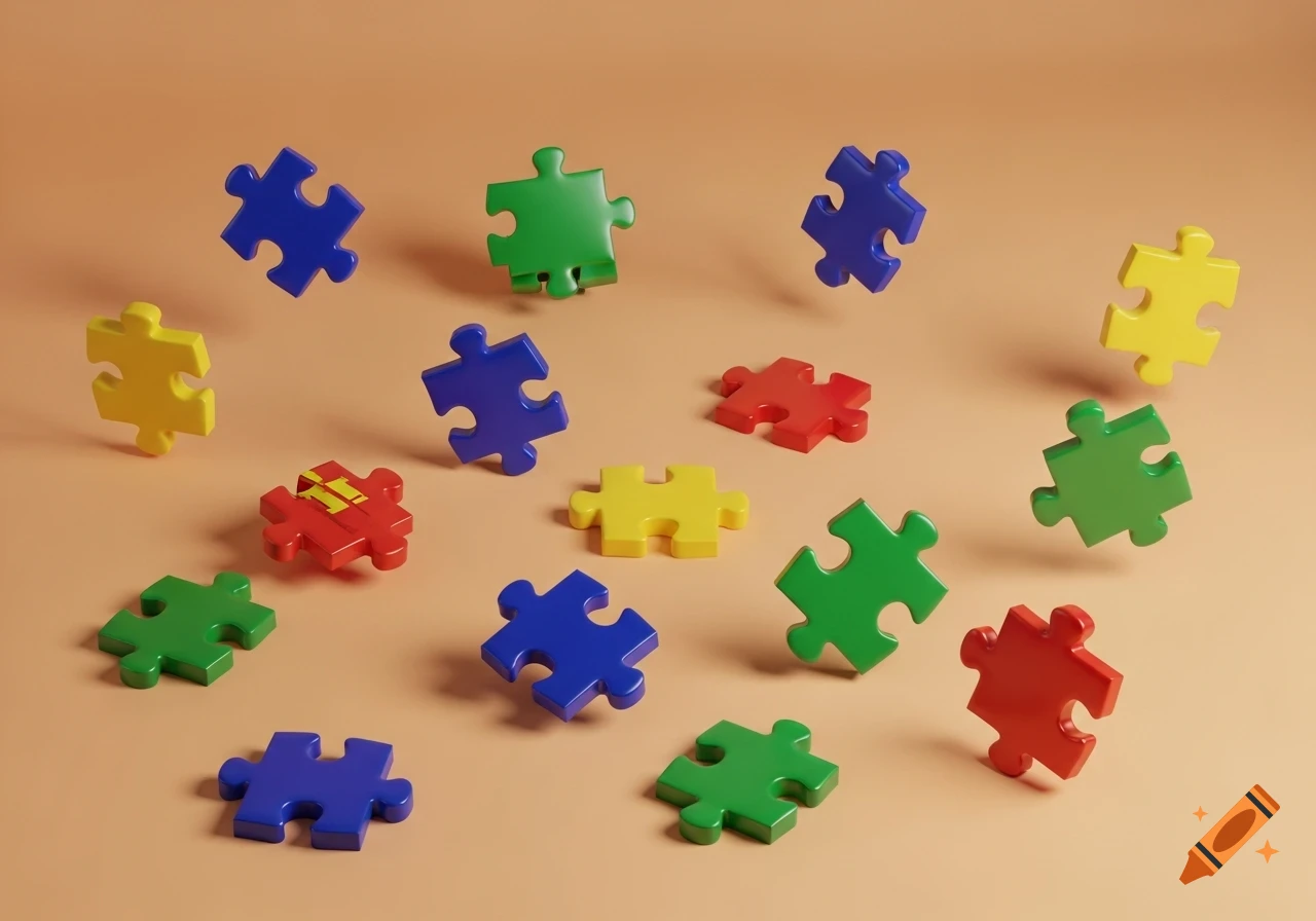 Colorful red, blue, green, and yellow puzzle pieces scattered and floating on a light orange background.