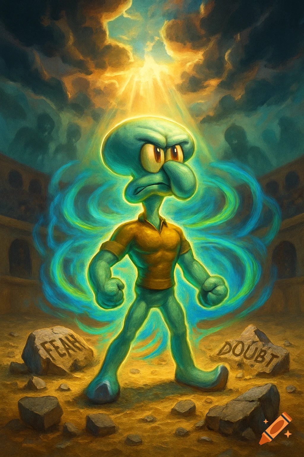 An intense, muscular Squidward stands empowered by light, surrounded by a blue and green aura, with rocks labeled "FEAH" and "DOUBT" crumbling around him in a dramatic, painterly style.