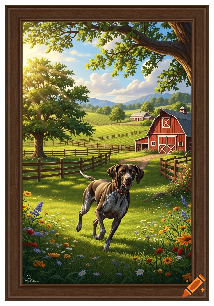 A German Shorthaired Pointer runs through a sunlit, flower-filled farm field with a red barn, trees, and distant mountains in a painterly style.