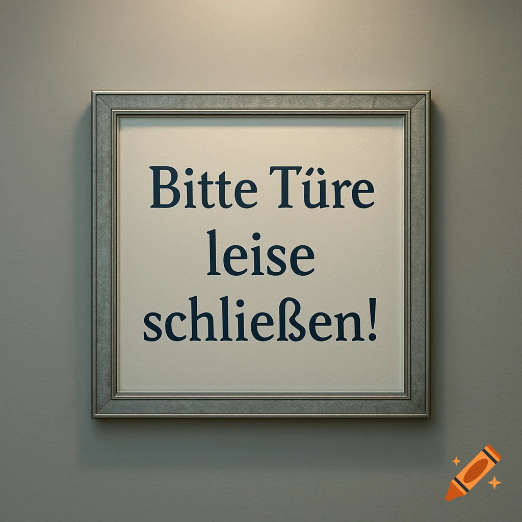A framed sign with the German text "Bitte Türe leise schließen!" in dark blue, hanging on a gray wall.