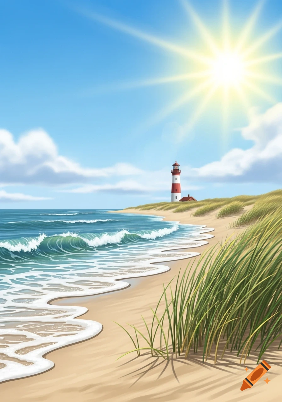 A vibrant illustration of a sunny beach with crashing waves, green dunes, and a red-and-white striped lighthouse under a bright blue sky.