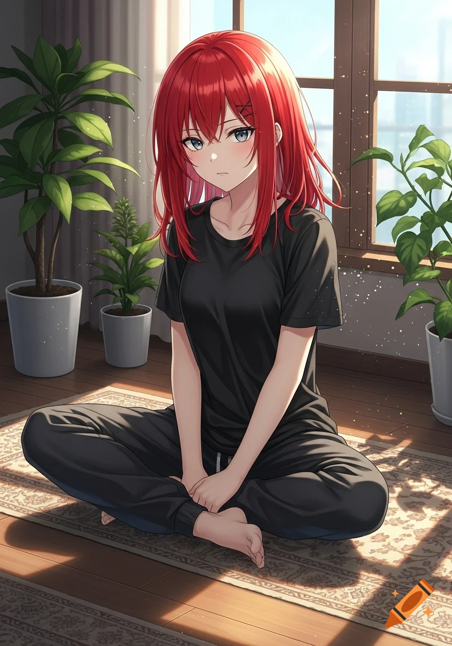 Red-haired anime girl with grey eyes in black casual wear sits cross-legged on a rug indoors with potted plants.