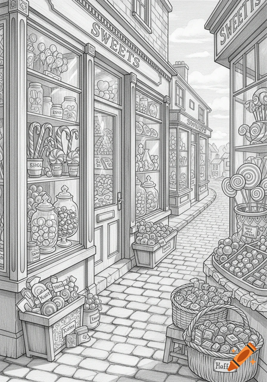 Detailed pencil drawing of a quaint street lined with sweet shops, featuring jars of candy, lollipops, and baskets of treats displayed outside.