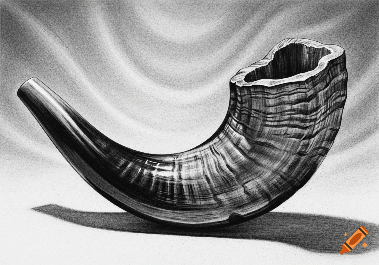 Charcoal drawing of a shofar, a curved ram's horn instrument, against a textured background.