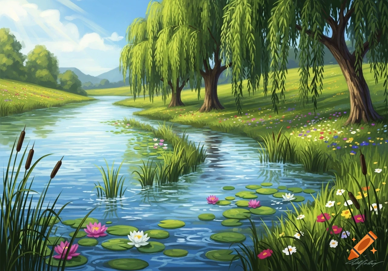 An illustrated winding river flows through a vibrant green landscape ...