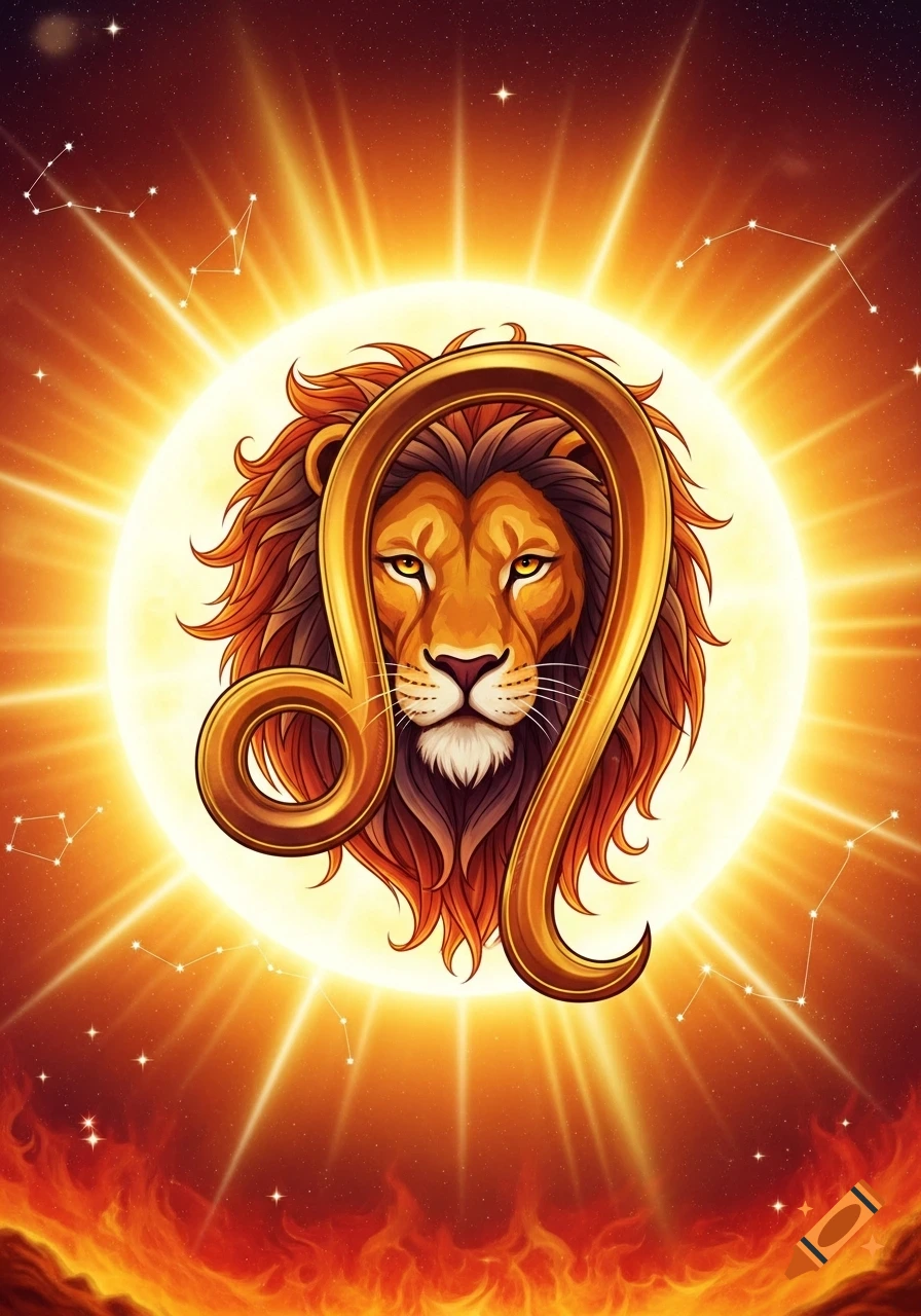 Stylized lion head with golden Leo zodiac symbol against a radiant sun, starry sky, and fiery base.
