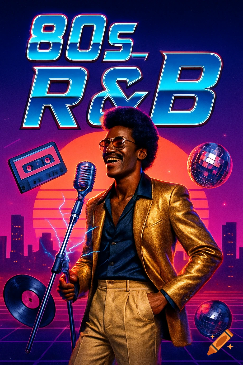 Man in a gold jacket singing into a microphone on an 80s synthwave-style album cover with cassette, vinyl, and disco balls.