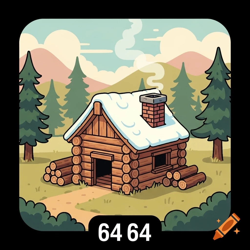 A charming cartoon illustration of a snow-covered log cabin in a forest with cut logs, designed as a video game icon.