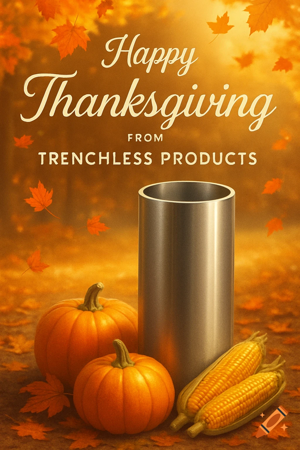 A Thanksgiving flyer with falling autumn leaves, pumpkins, corn, and a metal pipe, wishing 'Happy Thanksgiving from Trenchless Products'.