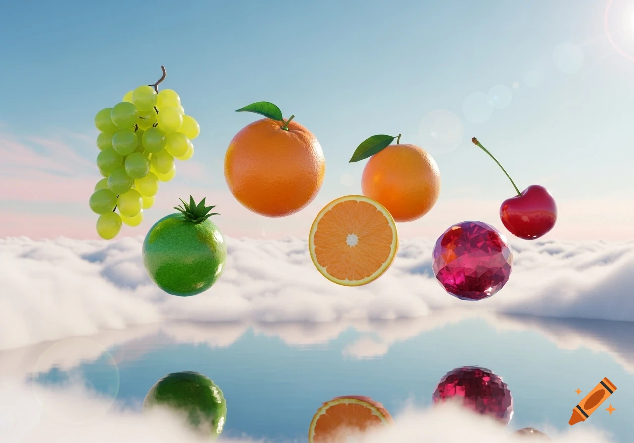Various fruits including grapes, oranges, a cherry, and a faceted magenta orb float above clouds and water under a bright sky.