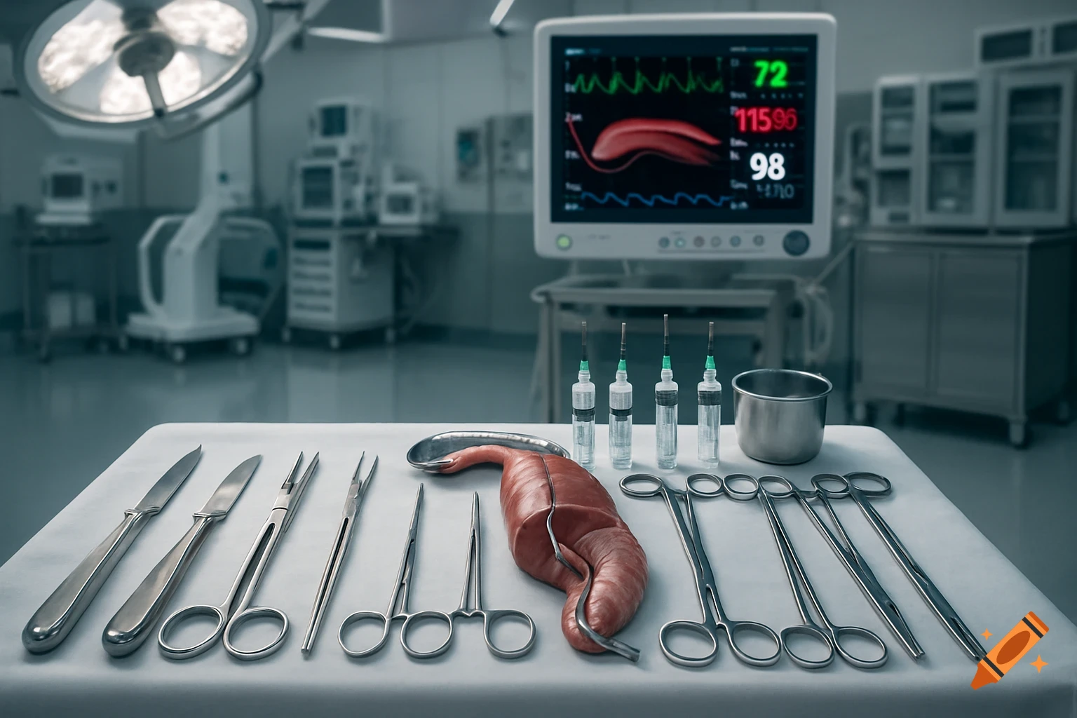 A close-up of a surgical table with various instruments, an internal organ, and a medical monitor displaying vital signs in the background.
