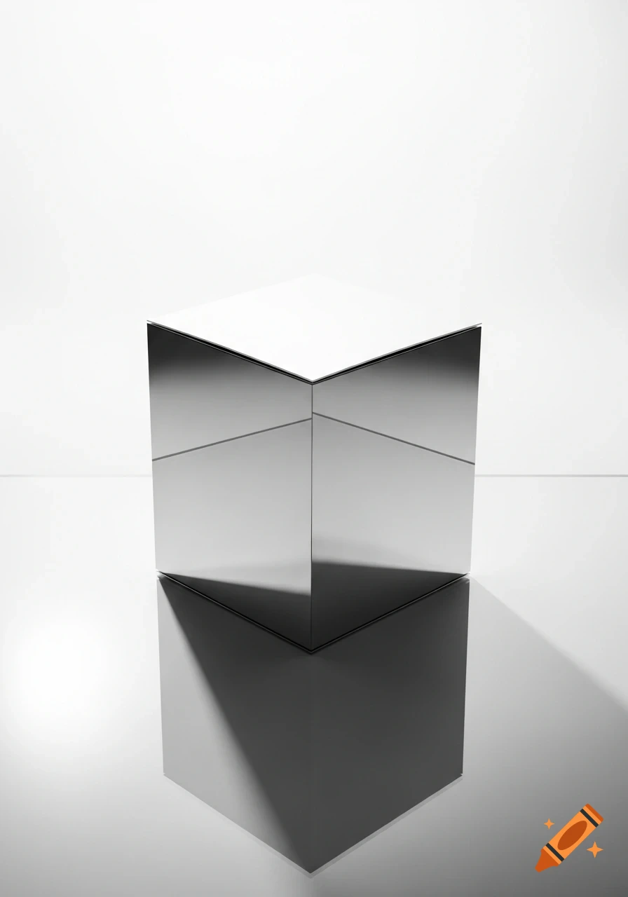 A minimalist shot of a reflective, chrome-like cube against a white background, casting a dark shadow.