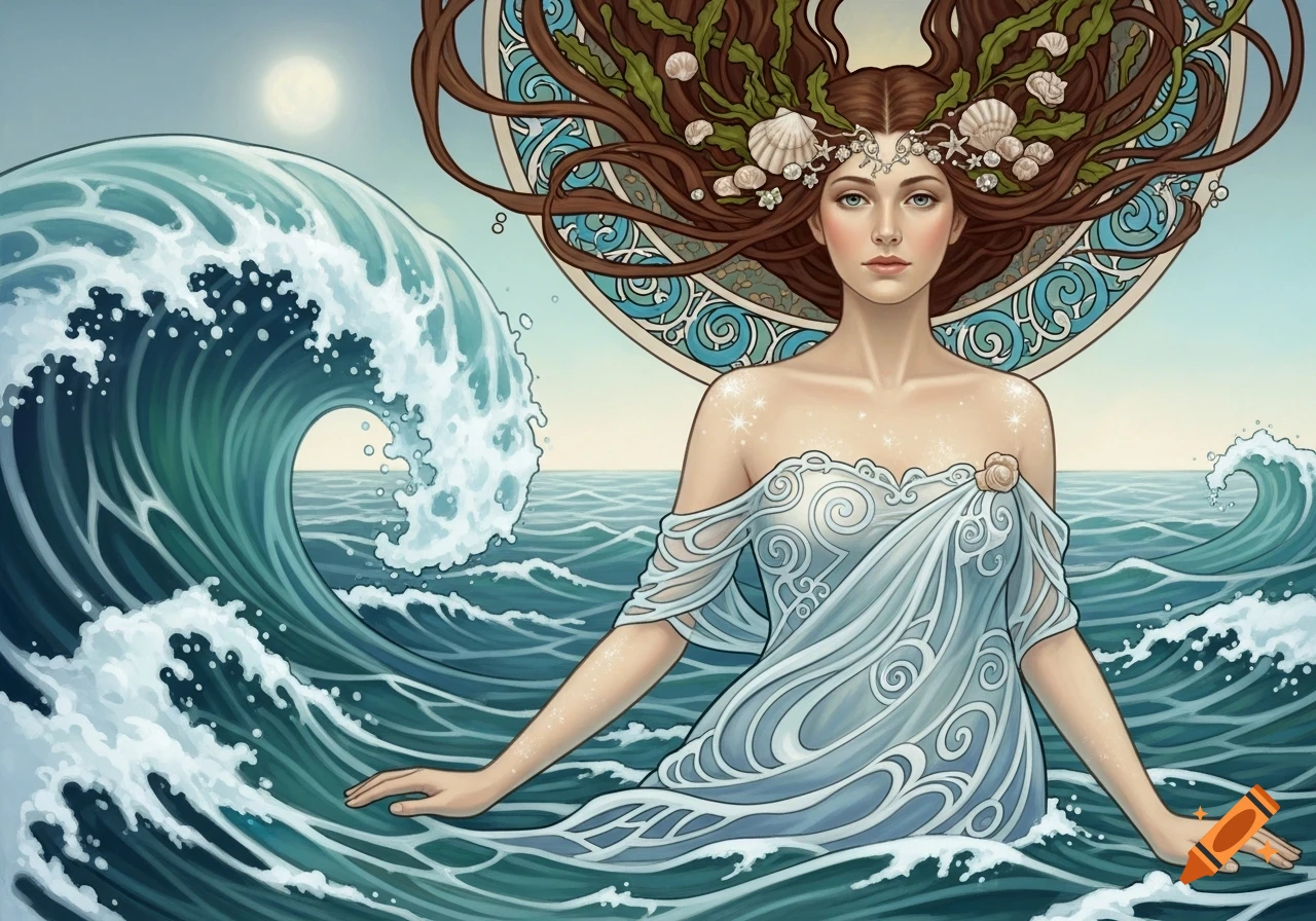 An Art Nouveau illustration of a woman with long hair adorned with seashells and seaweed, wearing a flowing blue dress, emerging from crashing ocean waves.