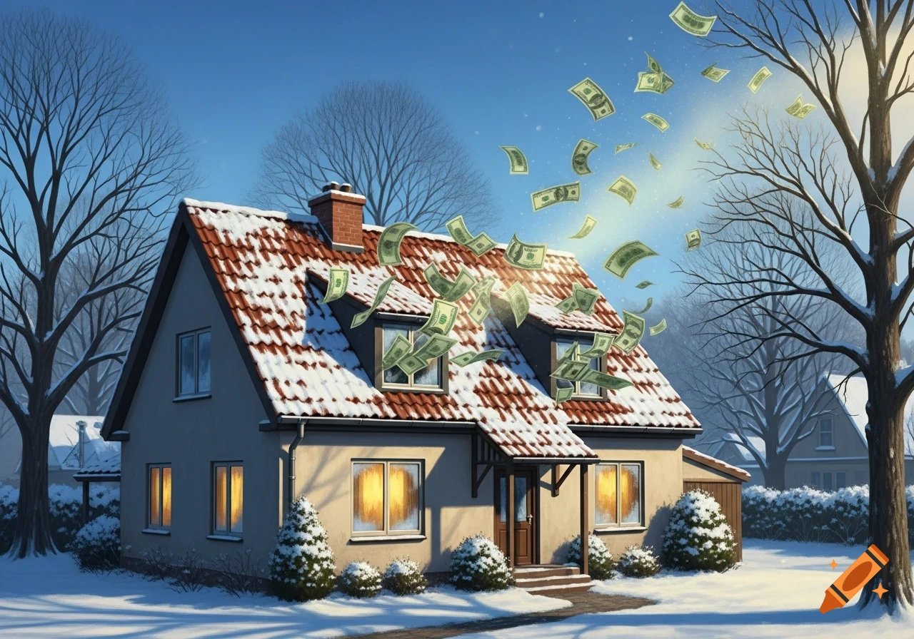 An illustrated house in a snowy winter scene with money bills flying out from the roof and into the sunny sky.