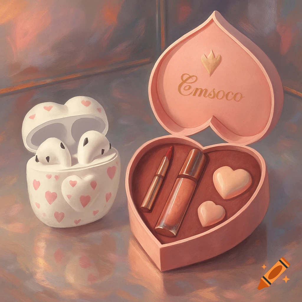 A pink heart-shaped box containing lipstick, lip gloss, and two heart-shaped lip balms, next to a white heart-shaped AirPods case adorned with pink hearts.