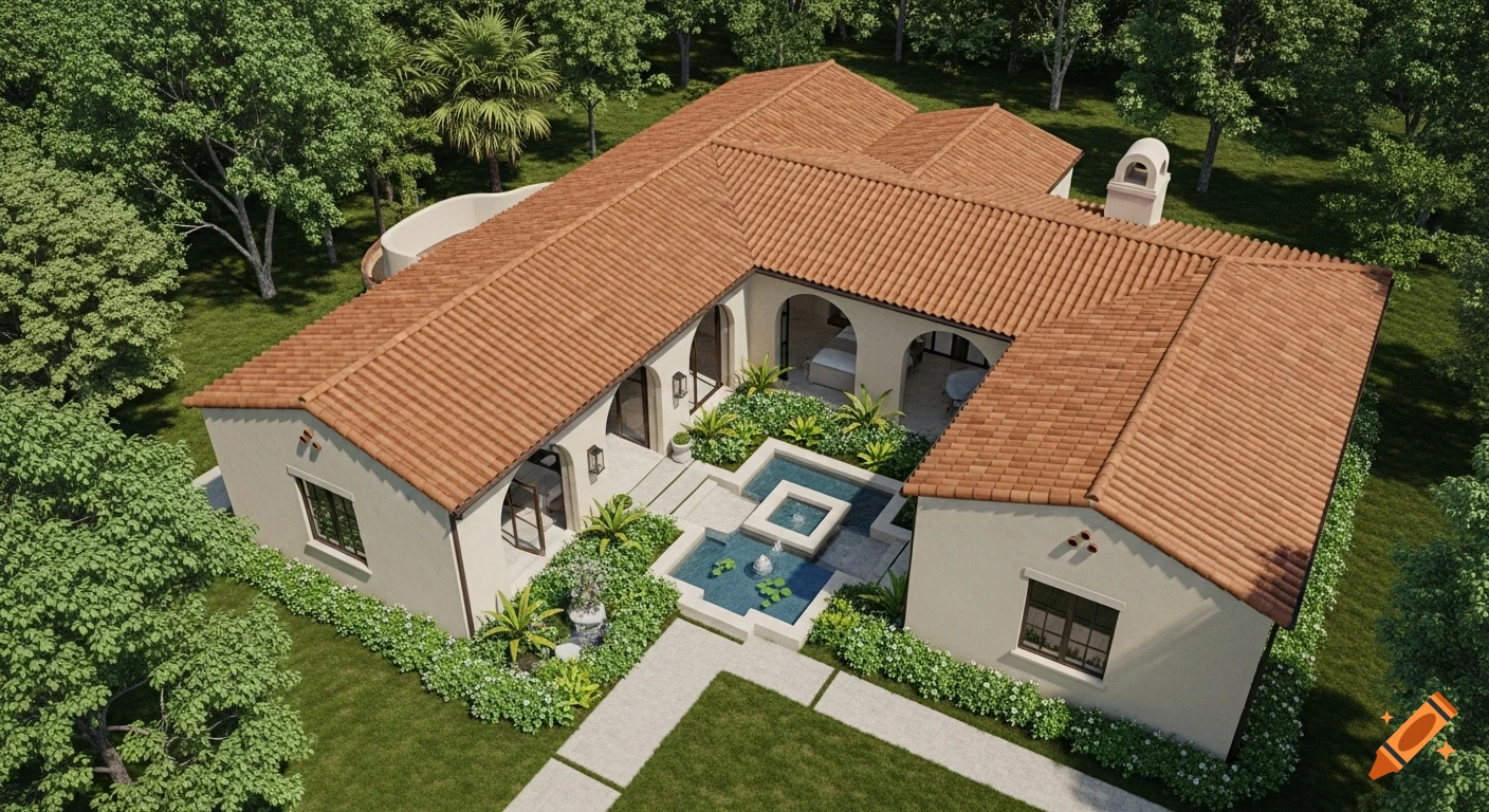 Aerial view of an L-shaped Spanish Revival house with a central courtyard, tiered water fountain, and lush landscaping, surrounded by trees.