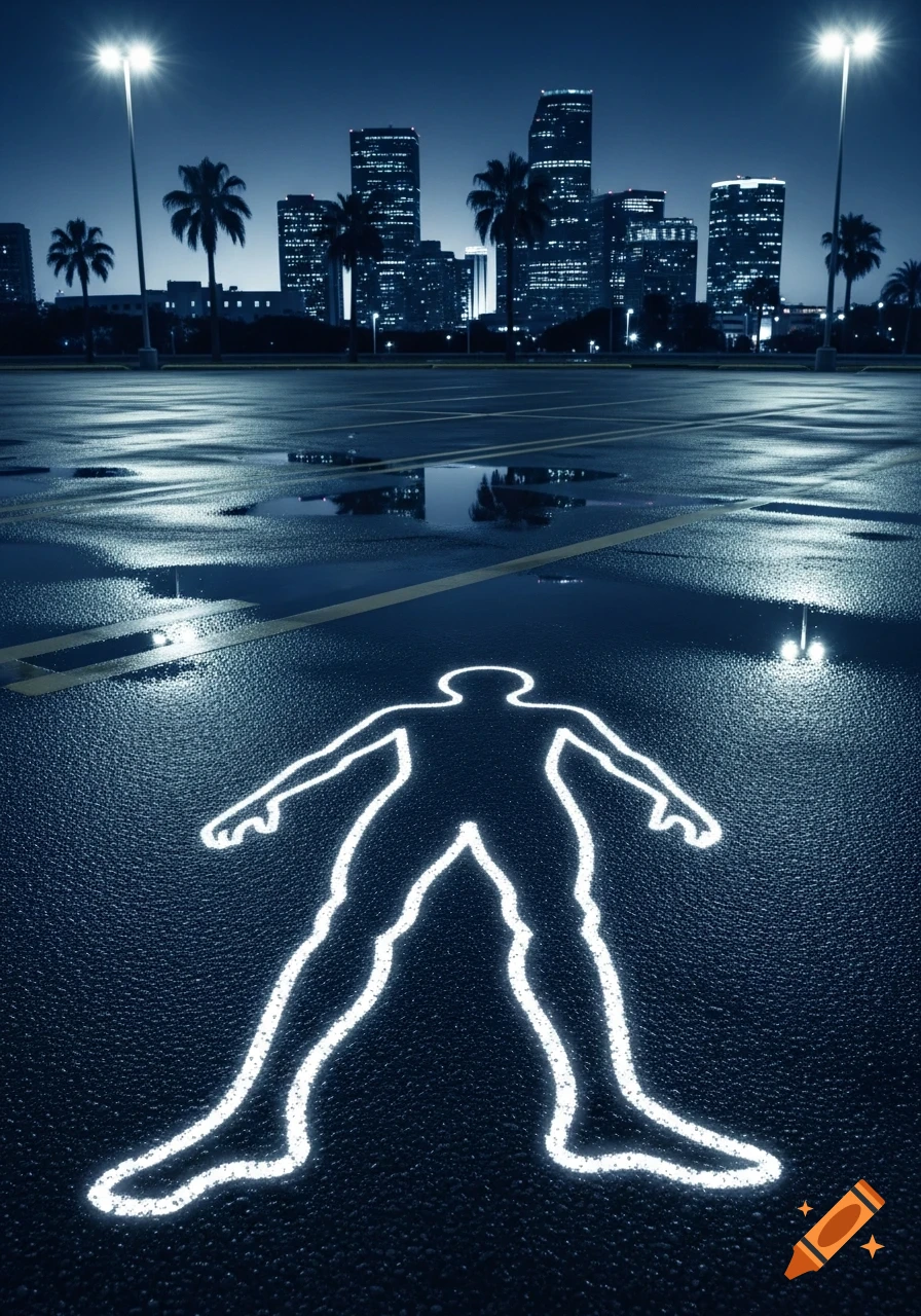A stylized white chalk outline of a human body on a wet asphalt parking lot at night, with a city skyline and palm trees in the background.