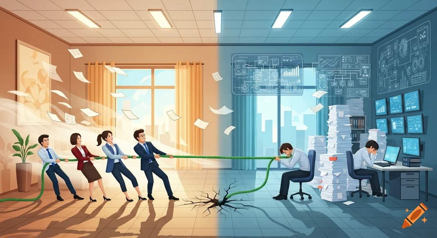 Illustration of a split office: a team happily pulls a rope on a sunny side, while two overwhelmed workers sit amidst paper stacks on a gloomy side.
