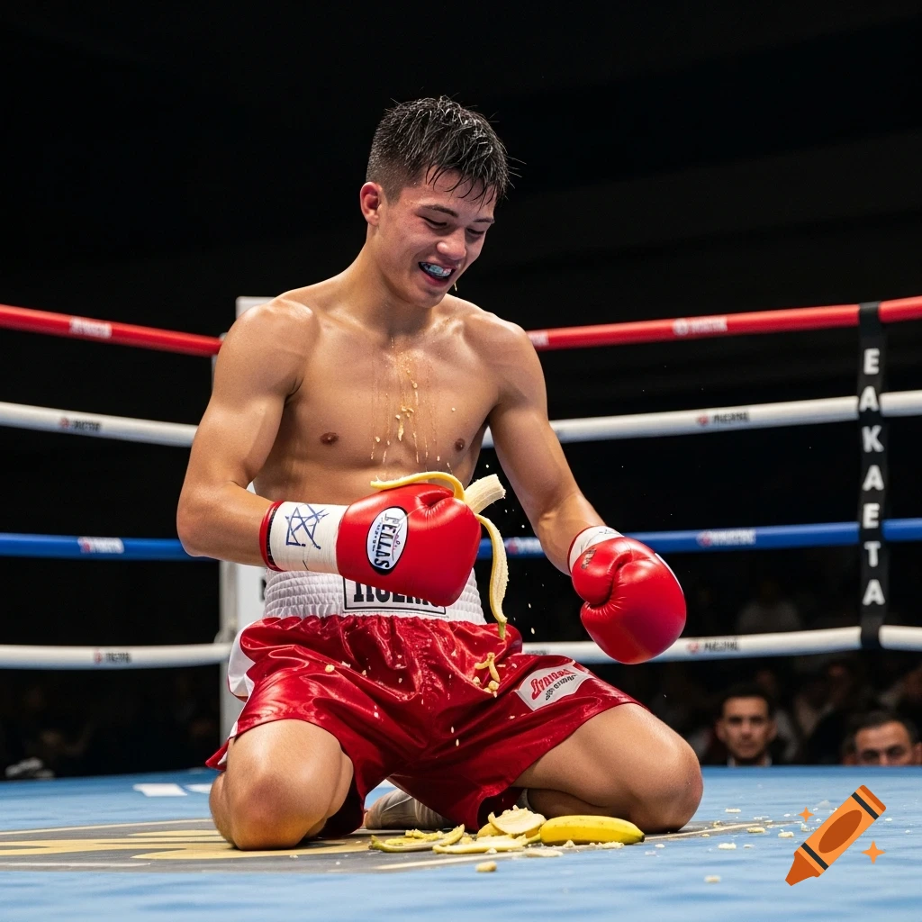 A laughing boxer kneels in a boxing ring, struggling to peel a banana with his gloves, creating a messy splatter.