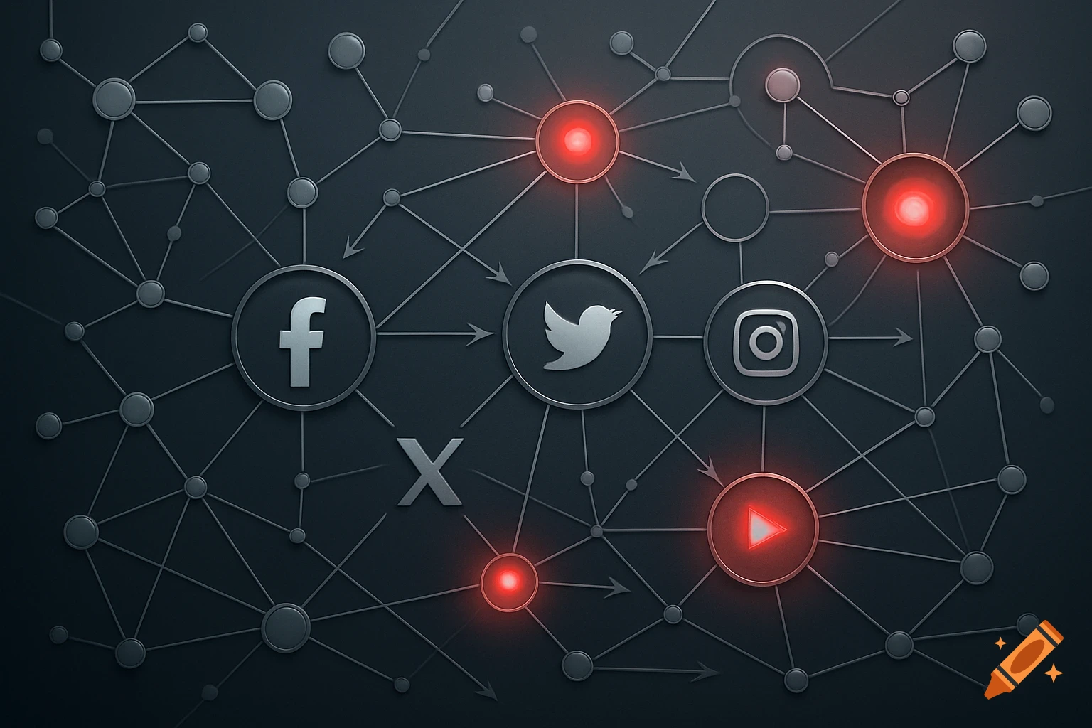 Digital illustration of a social media network with Facebook 'f', Twitter bird, Instagram 'O', YouTube play button, and 'X' icons, interconnected by lines and arrows, with glowing red nodes.