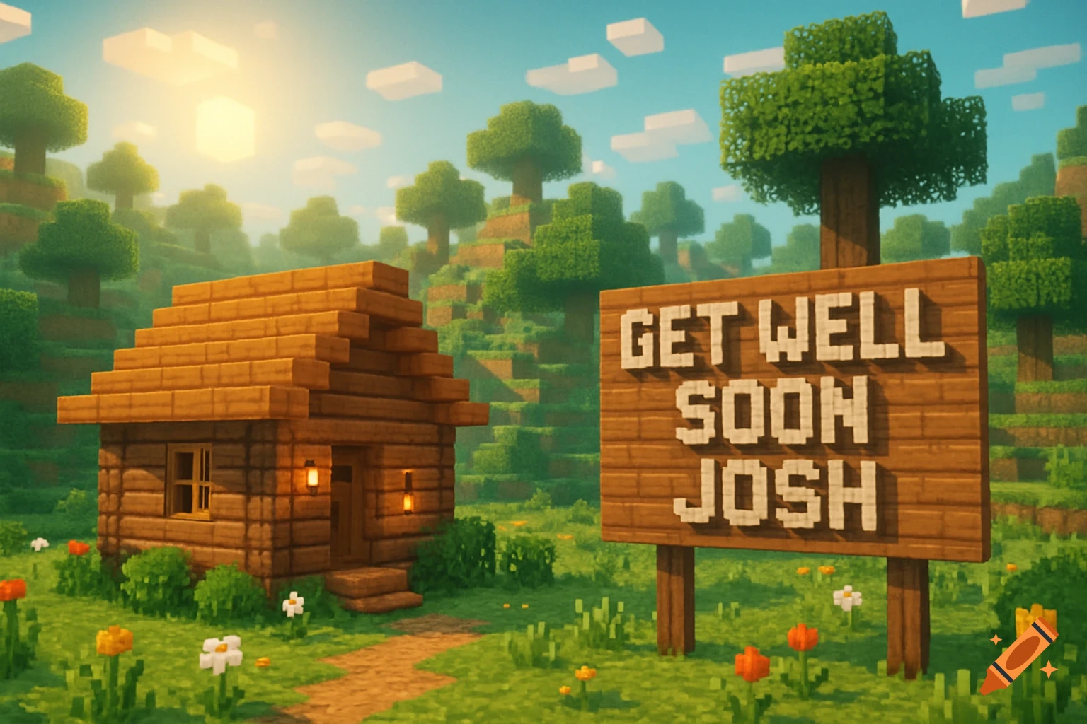 A pixelated Minecraft-style landscape with a small wooden cabin and a sign reading 'GET WELL SOON JOSH' in a grassy field.