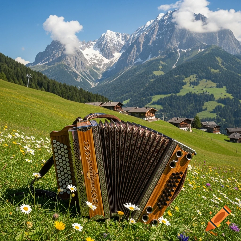 A traditional accordion rests in a field of wildflowers with snow-capped Alps and chalets in the background.