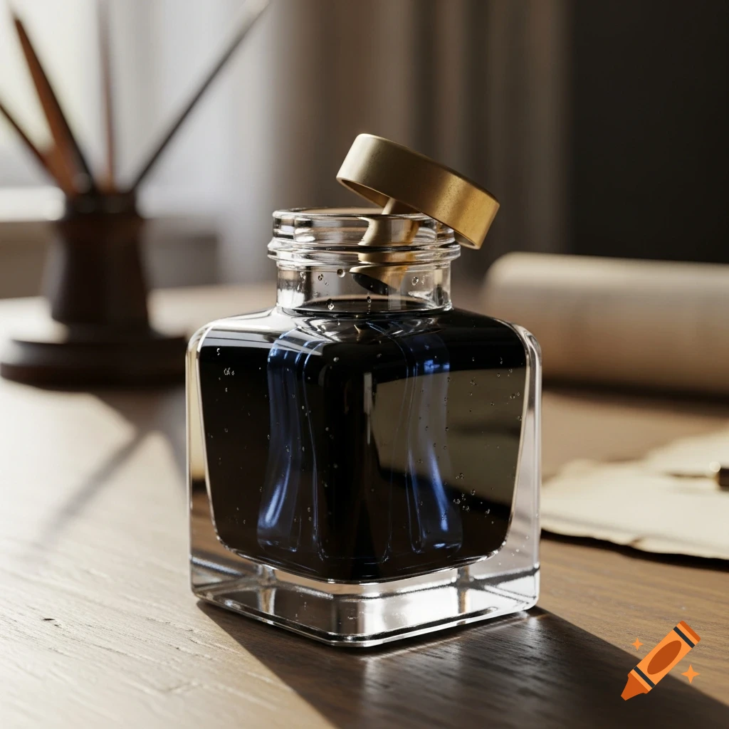 A close-up, photorealistic image of a square glass inkwell filled with dark ink, with a gold cap resting on its rim, on a wooden desk.
