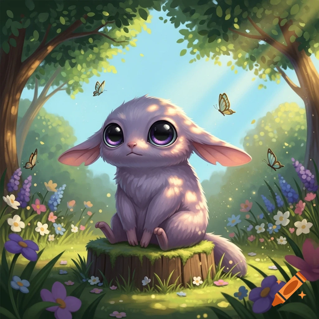 A cute, fluffy, light purple creature with large, shiny purple eyes sits on a tree stump in a sunlit forest with butterflies and colorful flowers.