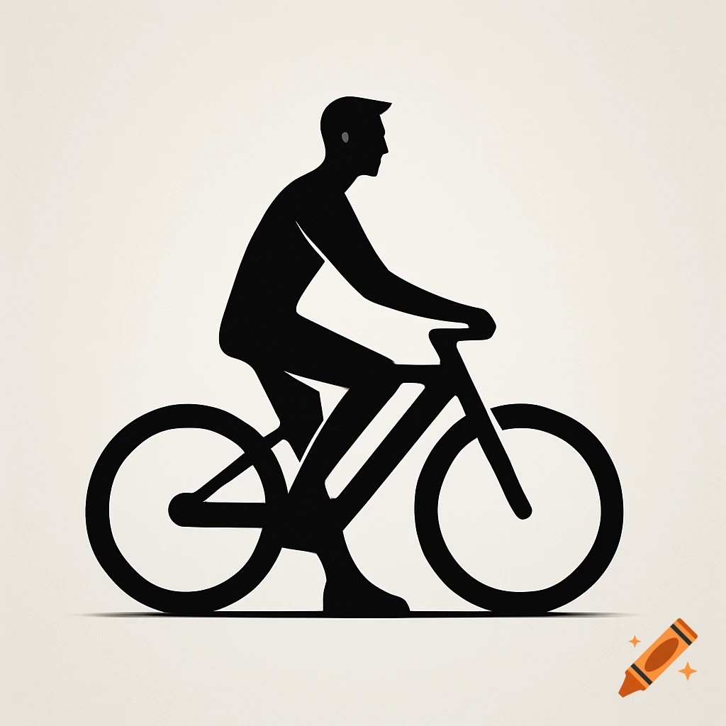 Minimalist black silhouette of a man riding a bicycle against a light background, styled like a modern logo.