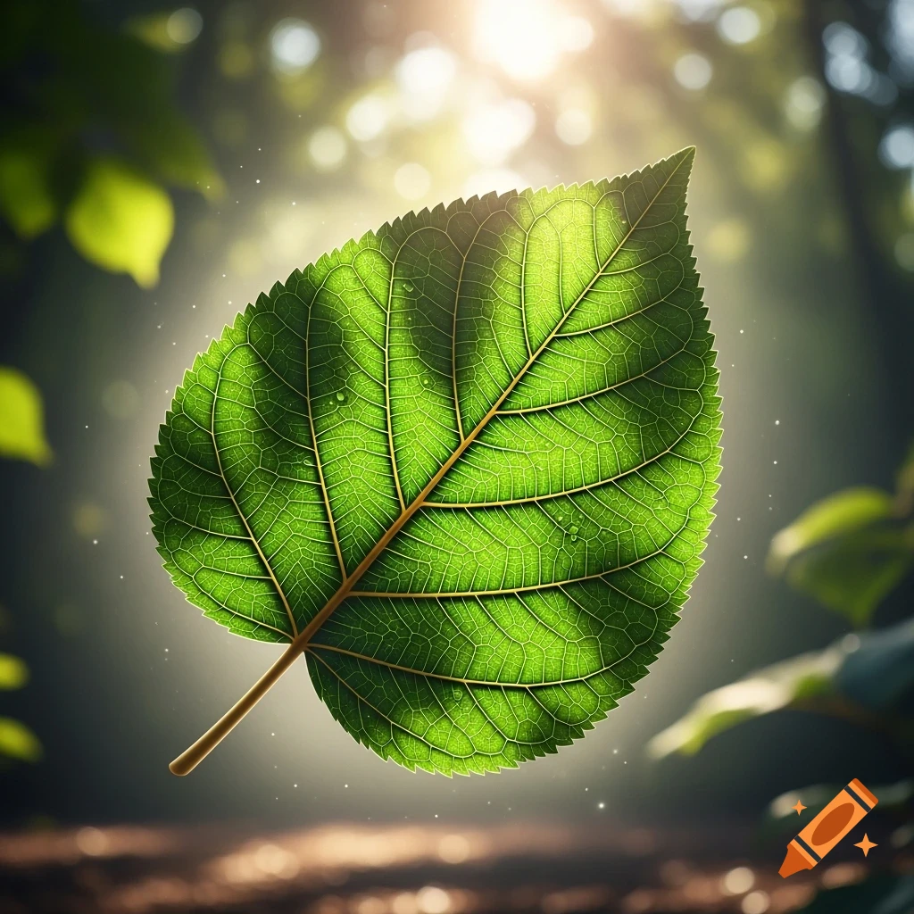 Photorealistic close-up of a vibrant green leaf with detailed veins and water droplets, illuminated by sunlight.