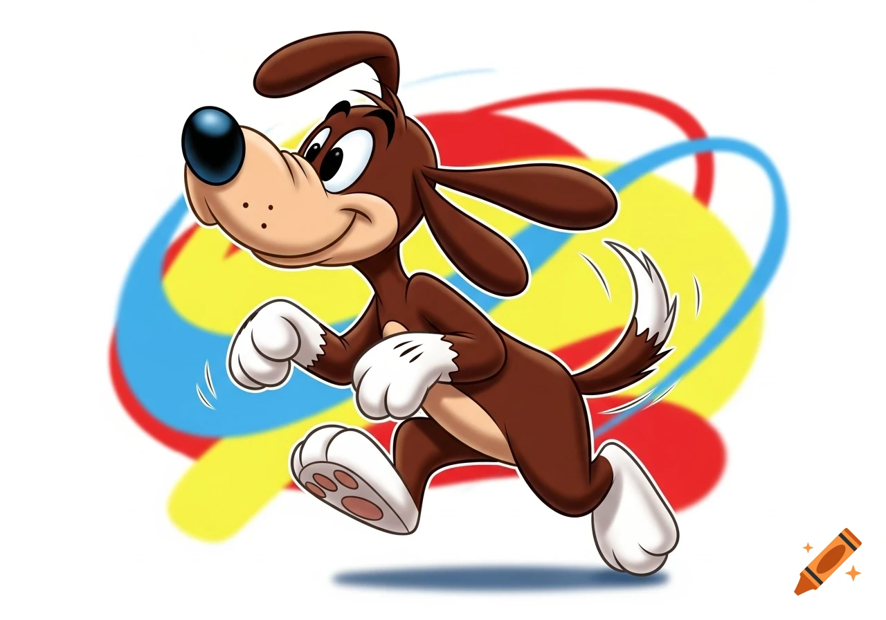 A brown cartoon dog with white paws and muzzle runs to the right, against a background of red, yellow, and blue swirling lines.