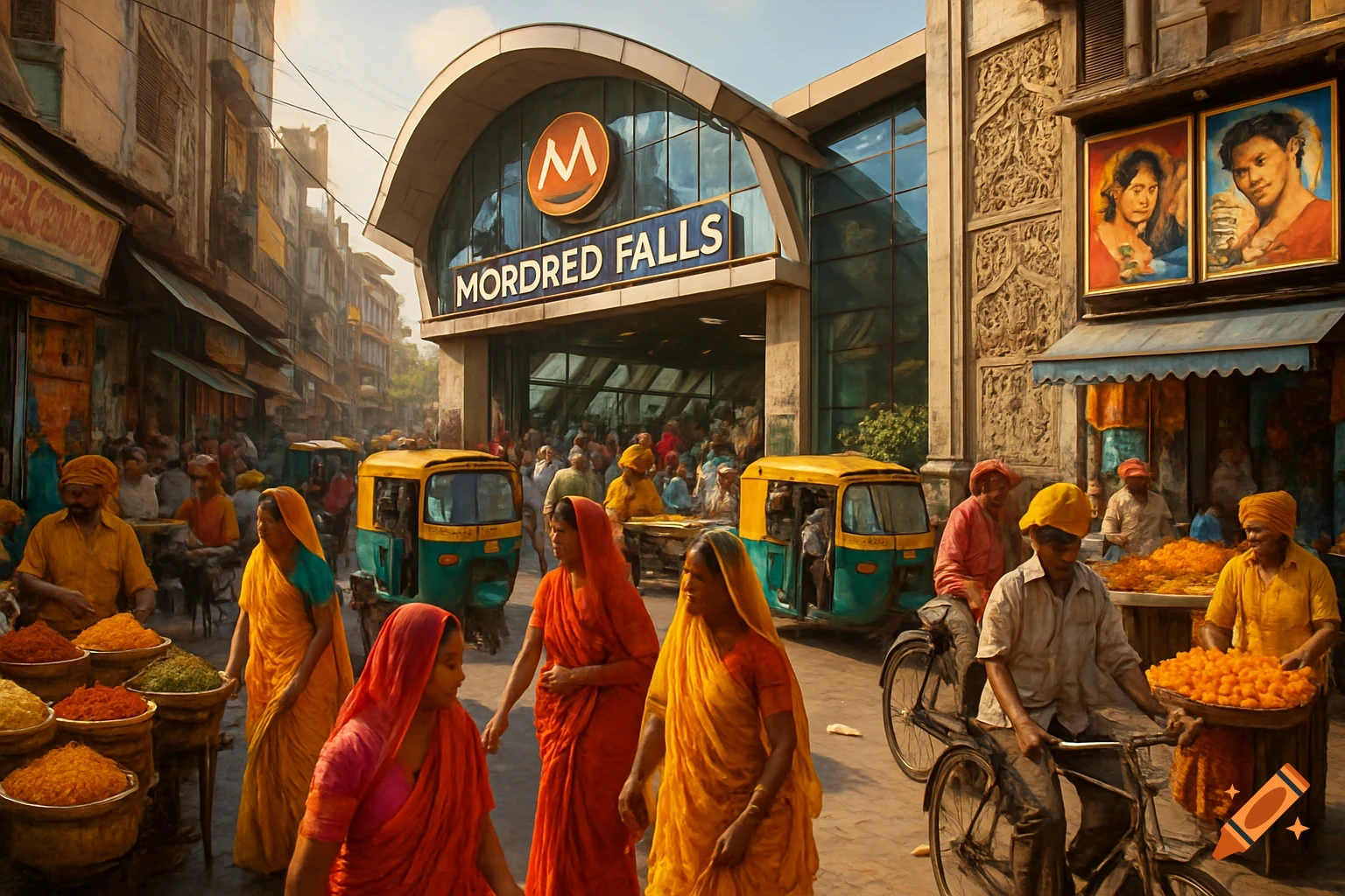 A bustling Indian street scene with people, auto-rickshaws, and market stalls in front of a modern subway station named Mordred Falls.