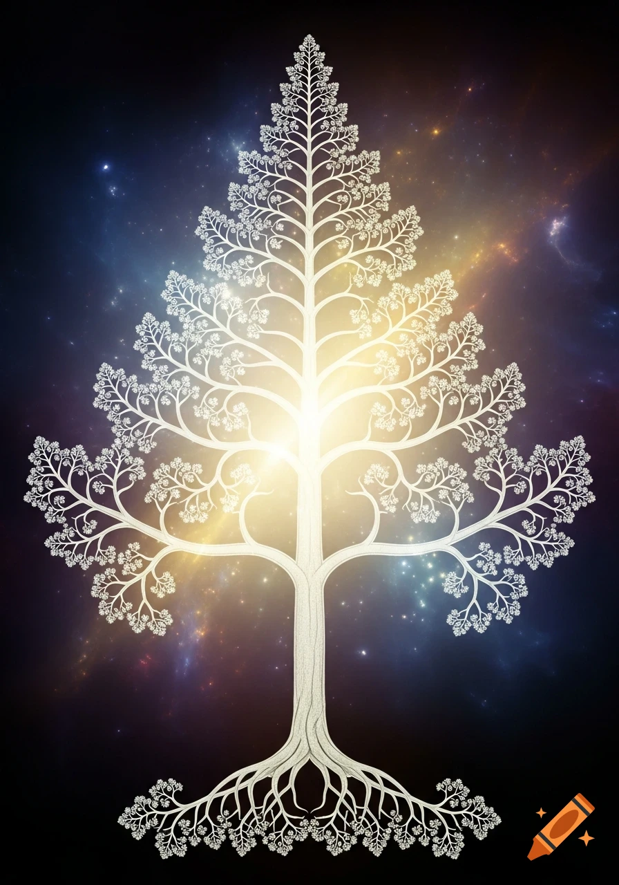 A white, glowing, intricate symbolic tree with branching roots against a vibrant cosmic starfield.