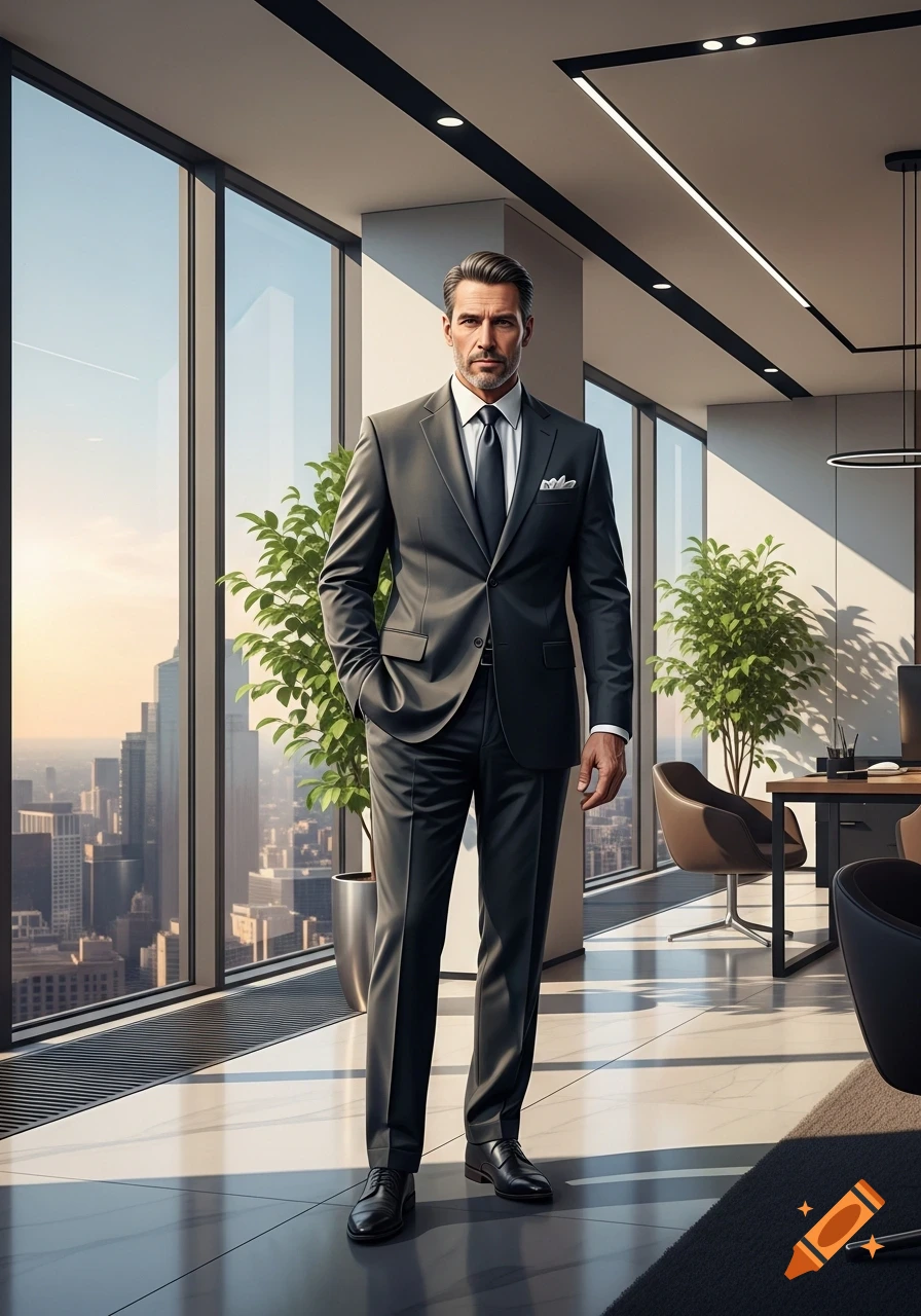 Photorealistic image of a man in a dark suit and tie standing in a modern office with a city skyline view at sunset.