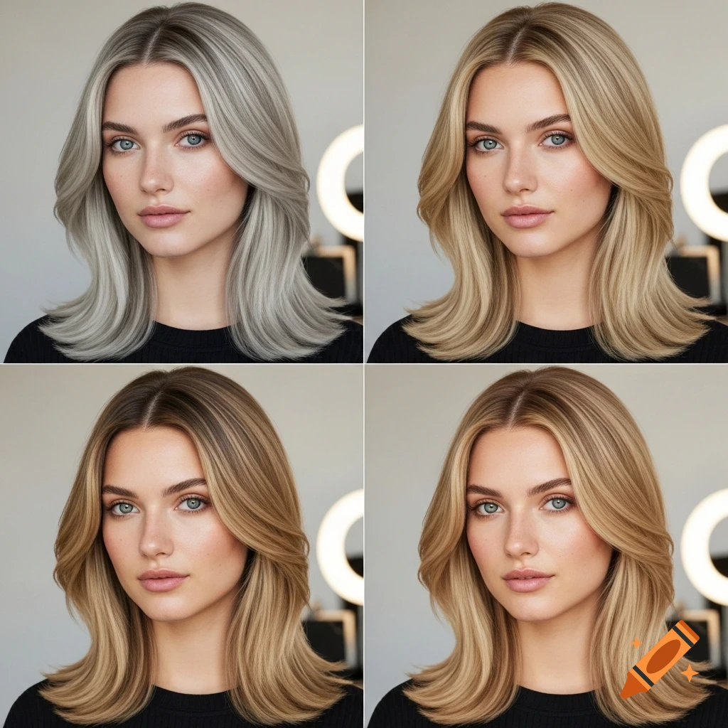Four-panel photorealistic portrait of a woman, each showing her with a different shade of blonde hair, from ash to sandy.