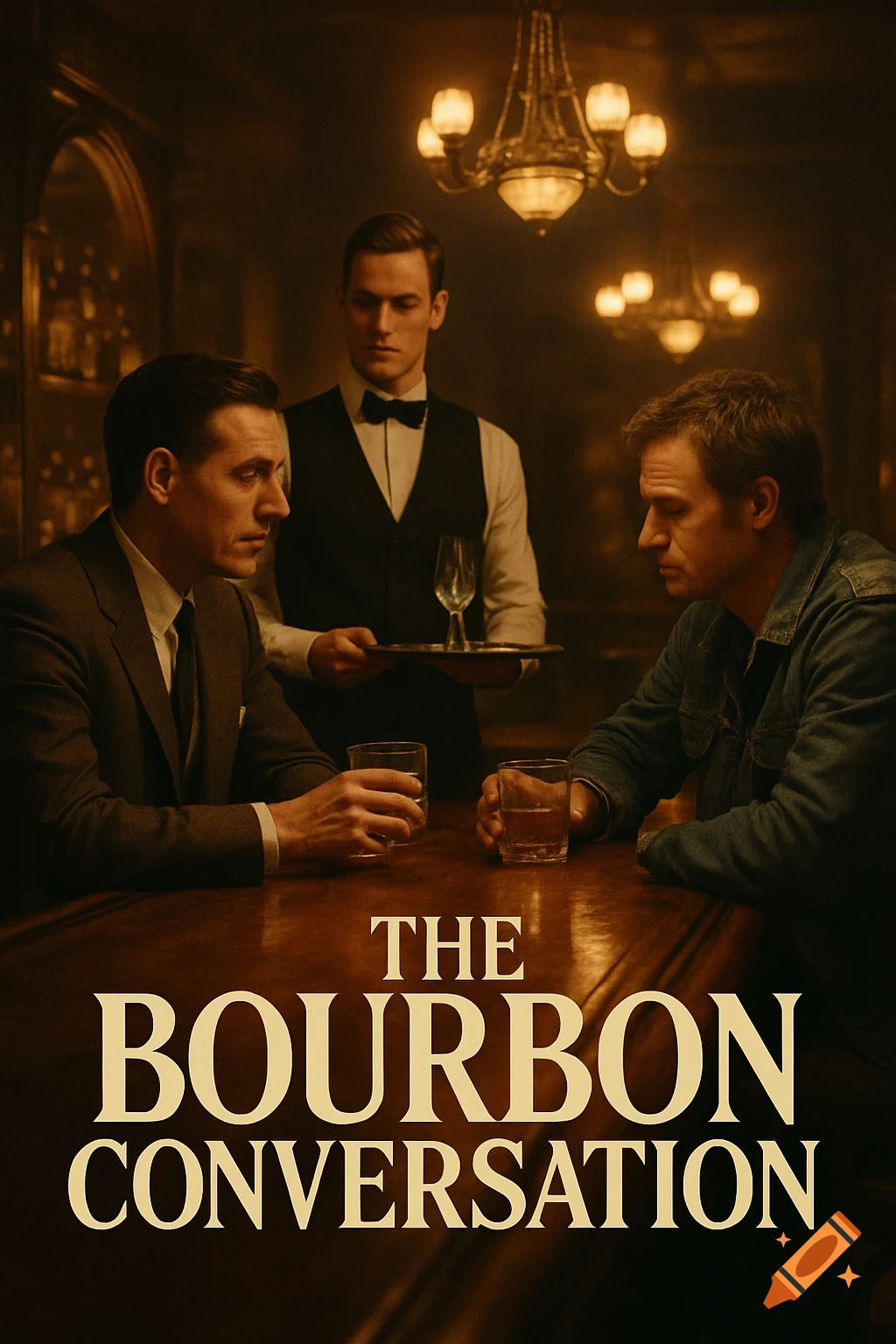 Movie poster for 'The Bourbon Conversation' featuring two men with drinks at a bar, a waiter behind them, in a dramatic, dark setting.