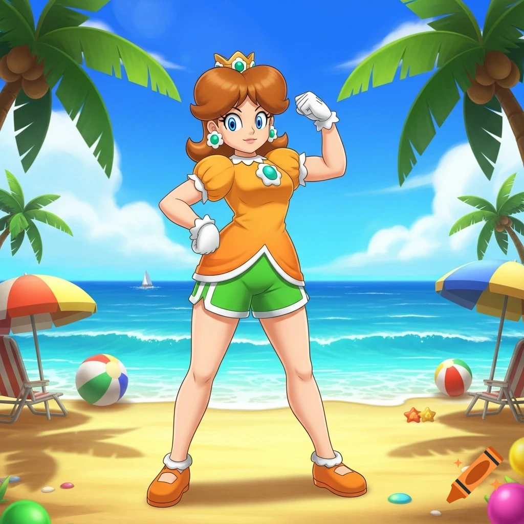 A cartoon Princess Daisy stands on a sandy beach, flexing her bicep. Palm trees, beach umbrellas, and the ocean are in the background.
