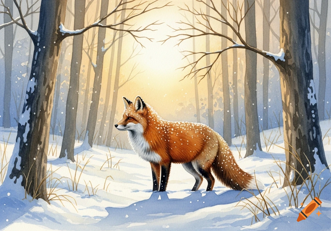 A vibrant red fox with snow on its fur stands alert in a sunny, snowy ...