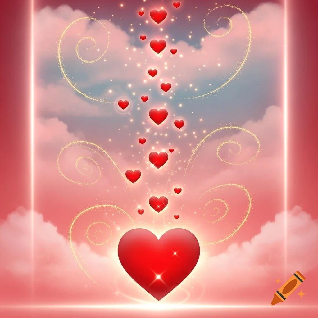 Large red heart with smaller hearts floating upwards amidst golden sparkles and pink clouds.